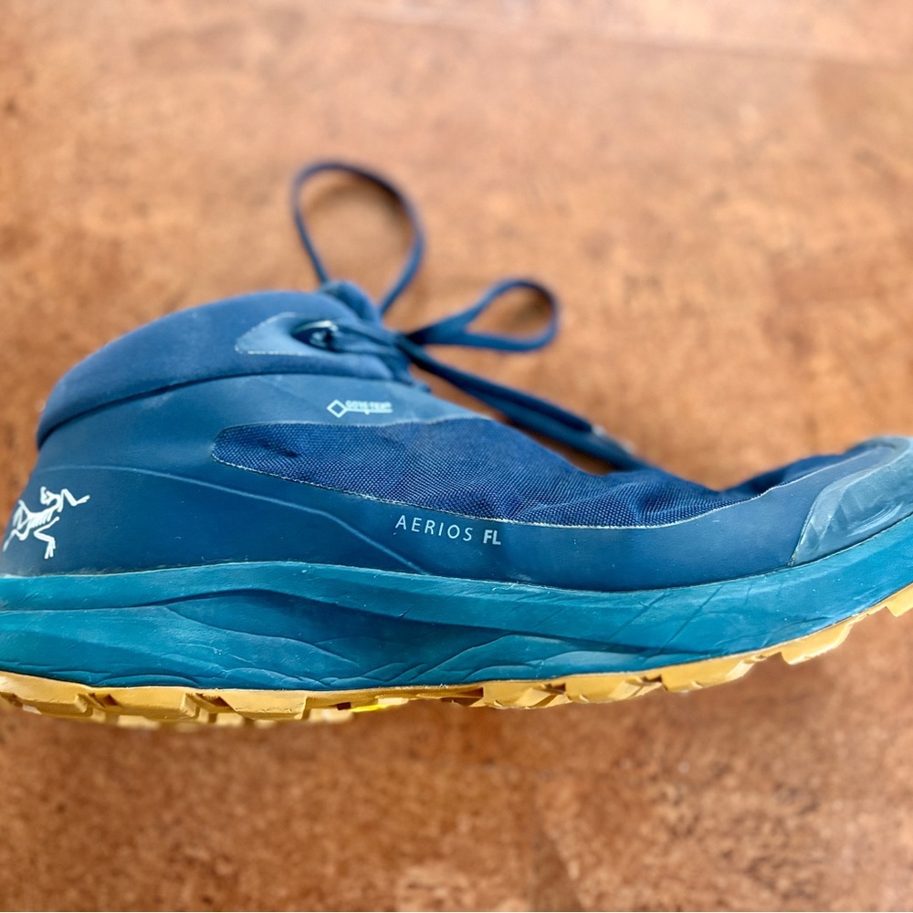 Arc'teryx Aerios FL Trail Shoe in Dark Teal and Yellow